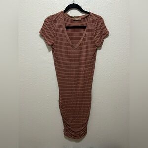 prAna Striped Modal Bodycon Midi Dress Rust Ruched Size Small Slow Fashion